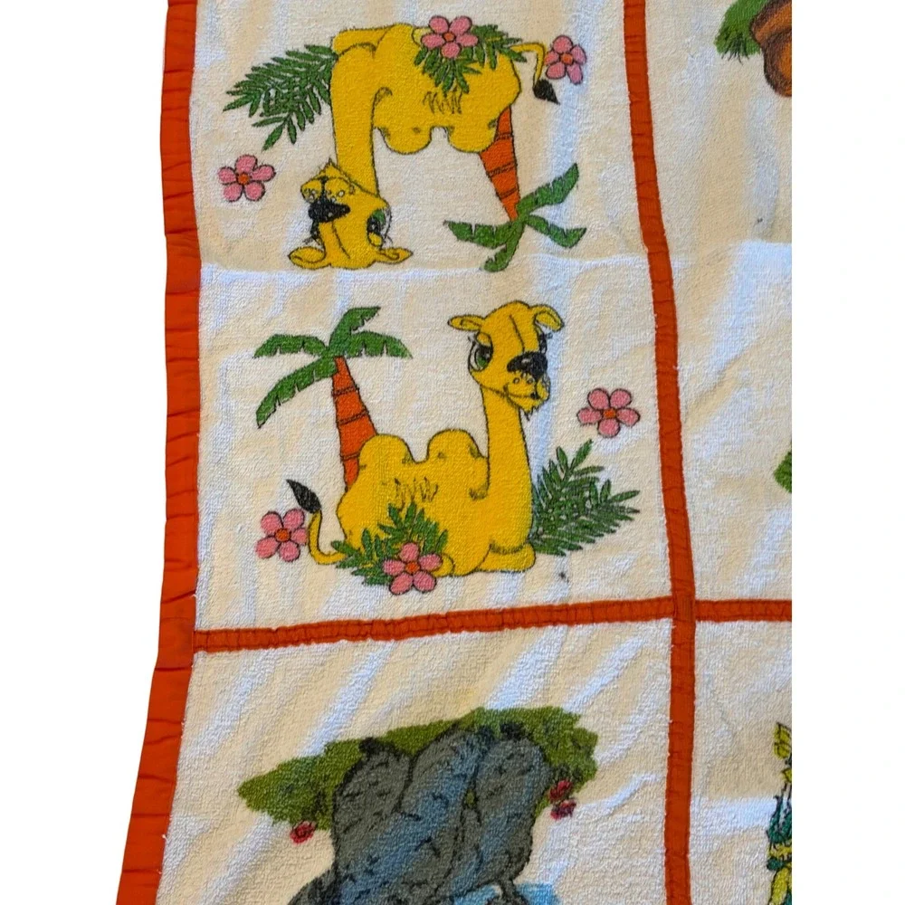 Vintage Safari Animal Terry Cloth Towel Orange Trim Giraffe Zebra Aprox 31x41